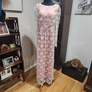 Pink Victorian Lace Dress Long Sleeve Vintage Christy Easter Silk Lacey